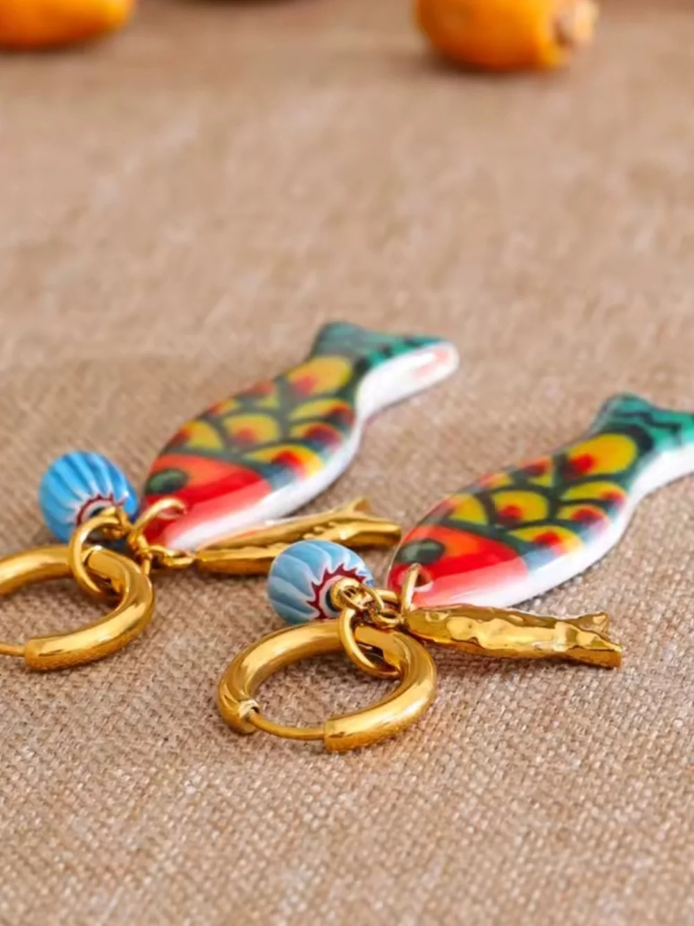Amalfi Gold Fish Charm Blue Multicolor Ceramic Earrings